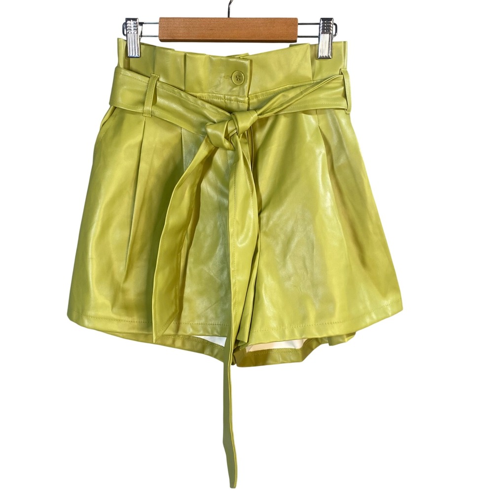 Sincerely Jules Faux Leather‎ Paperbag Shorts Large Chartreuse Chic Festival